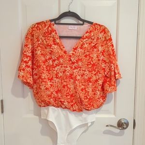 Pink Lily Women's Small Orange Floral Body Suit
